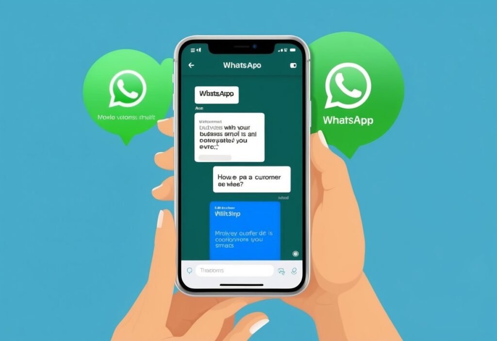 Um smartphone exibindo uma conversa do WhatsApp com um chatbot fornecendo atendimento ao cliente para um negócio