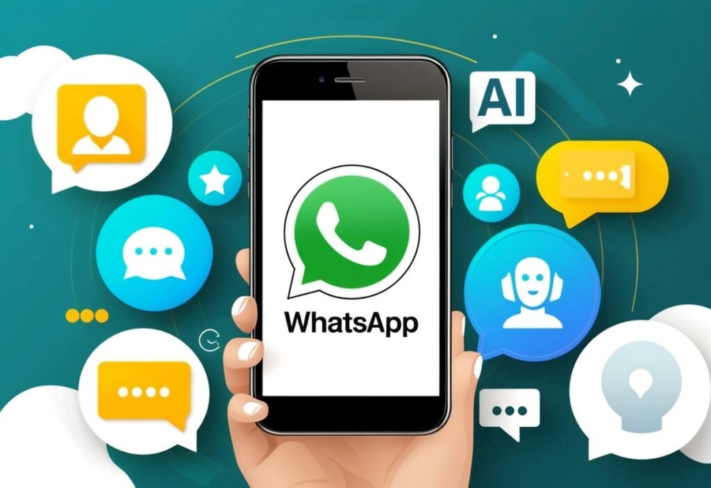 Um smartphone com um logo do WhatsApp Business, cercado por ícones de chatbot de IA e balões de fala, representando elementos essenciais para chatbots de IA no WhatsApp.