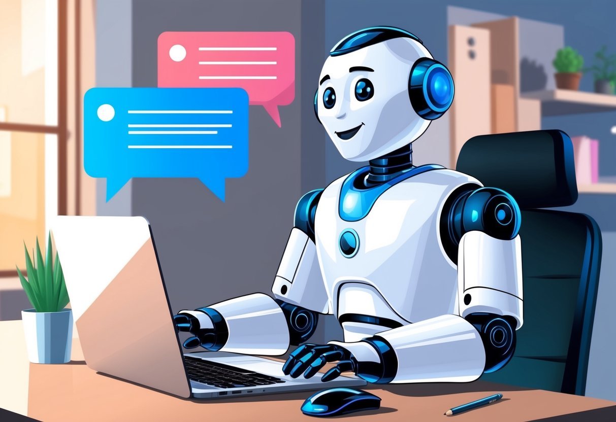 Um chatbot de atendimento ao cliente assistindo um usuário com uma atitude amigável e prestativa