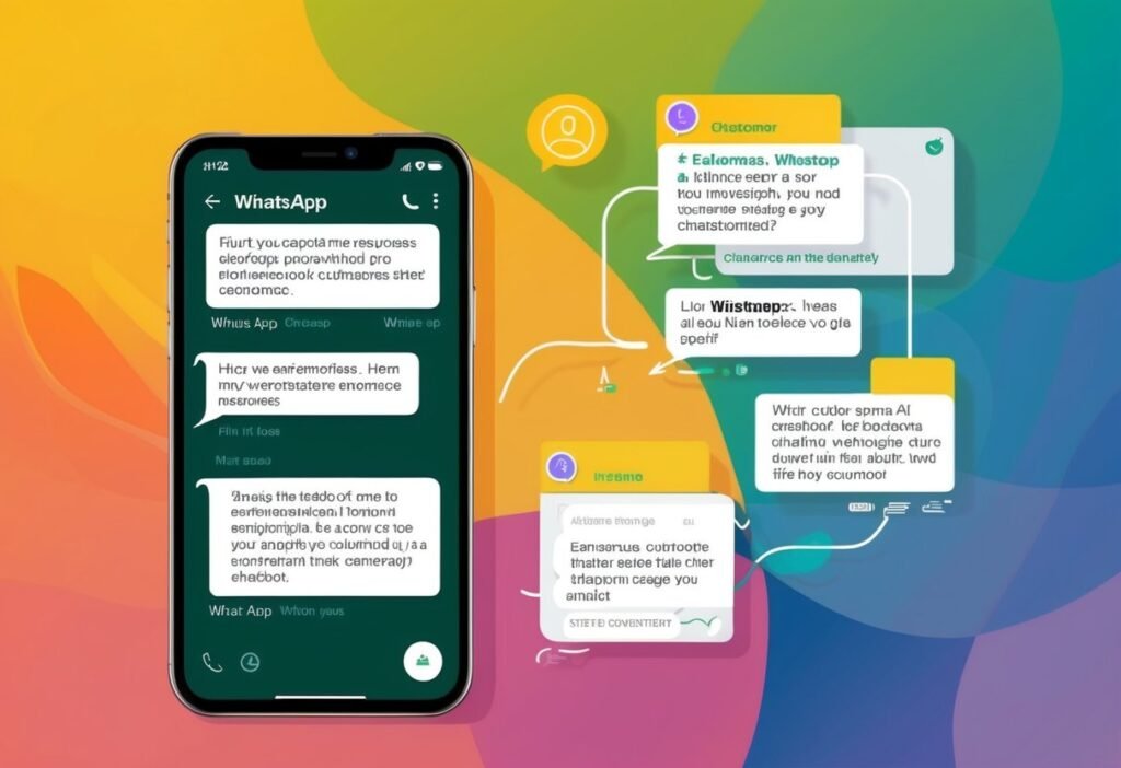 Smartphone with a WhatsApp conversation and connected message cards, illustrating the rollout of automation