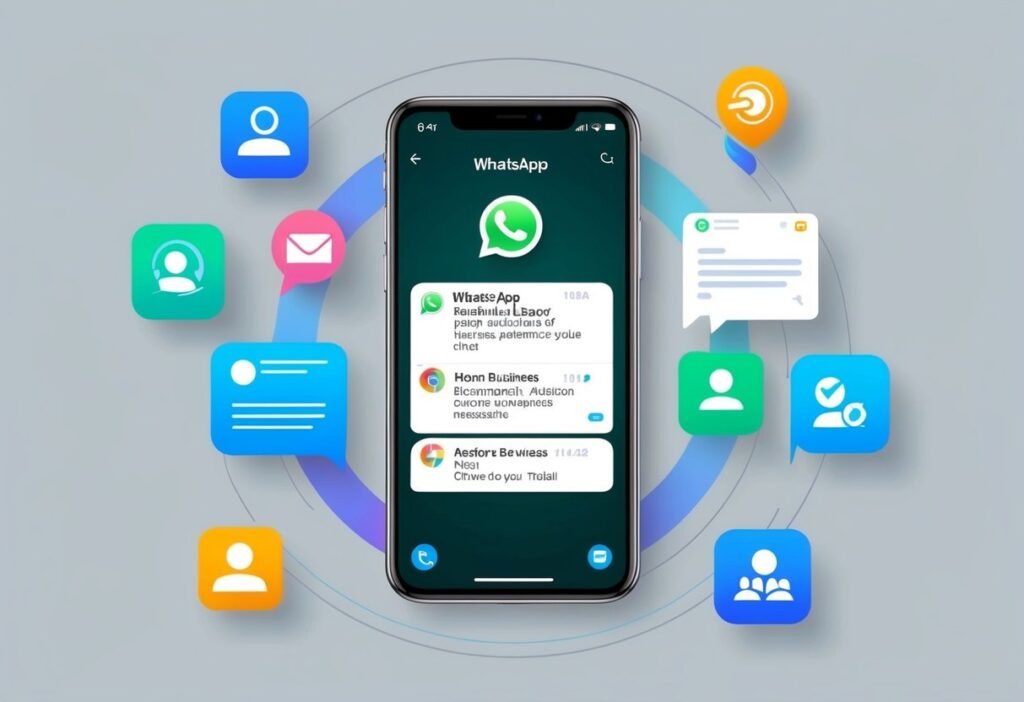 Smartphone with a WhatsApp chat surrounded by contact, email, and message icons, illustrating digital marketing