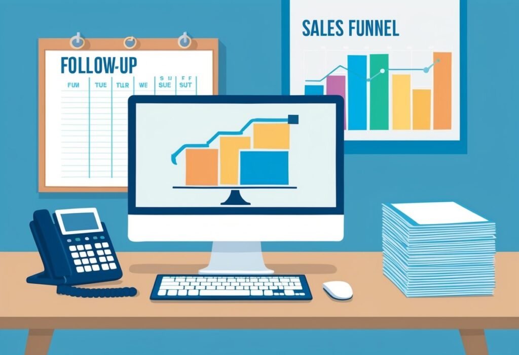 Desk with a computer, phone and papers in front of a follow-up calendar and a sales funnel chart