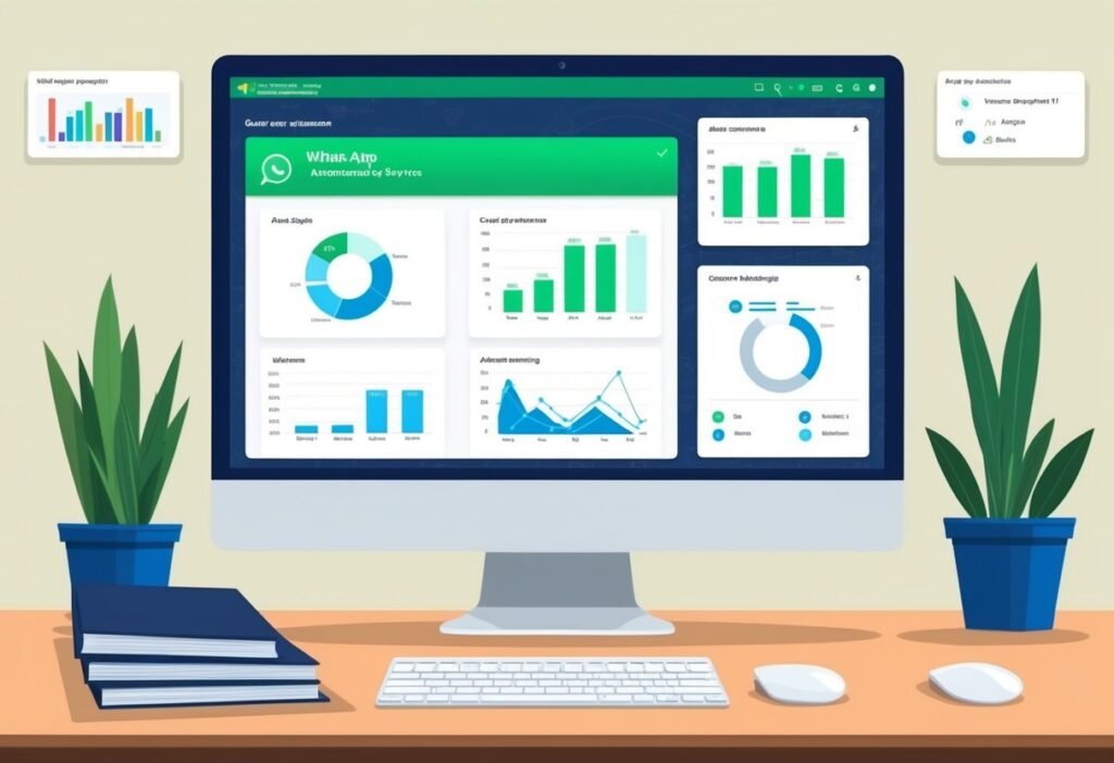Monitor with a dashboard of WhatsApp performance charts between potted plants, illustrating monitoring