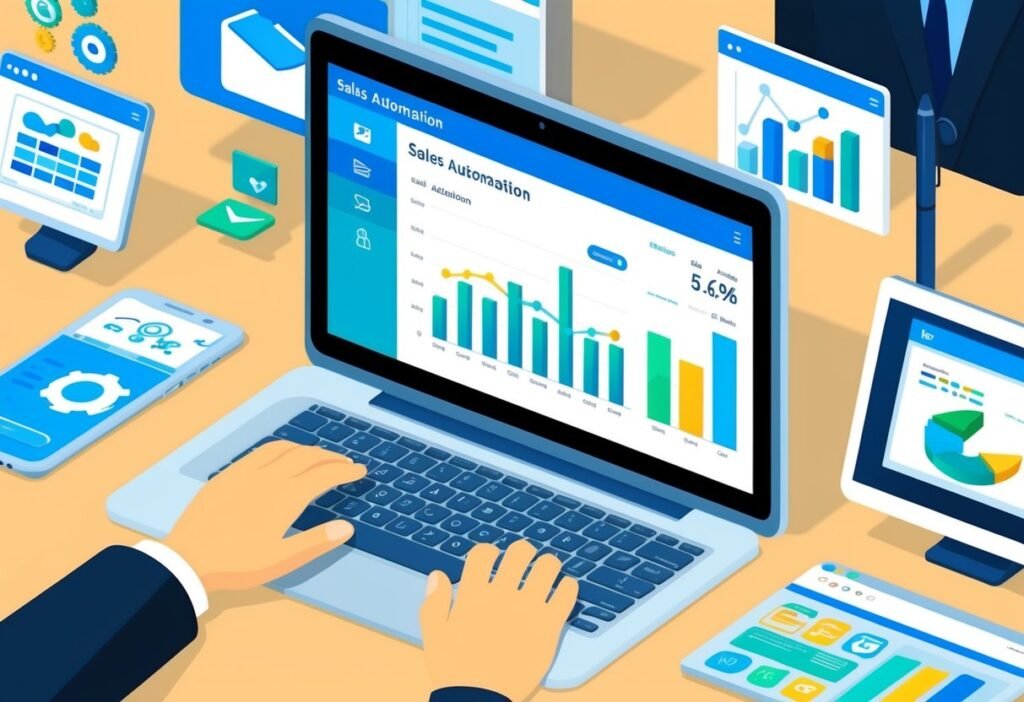 Hands typing on a laptop with a sales automation dashboard, surrounded by screens with charts and data