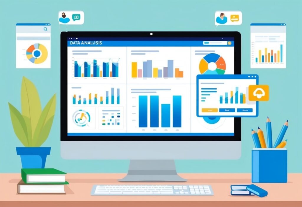 Monitor with a data analysis dashboard full of bar and pie charts, representing reports for sales decisions