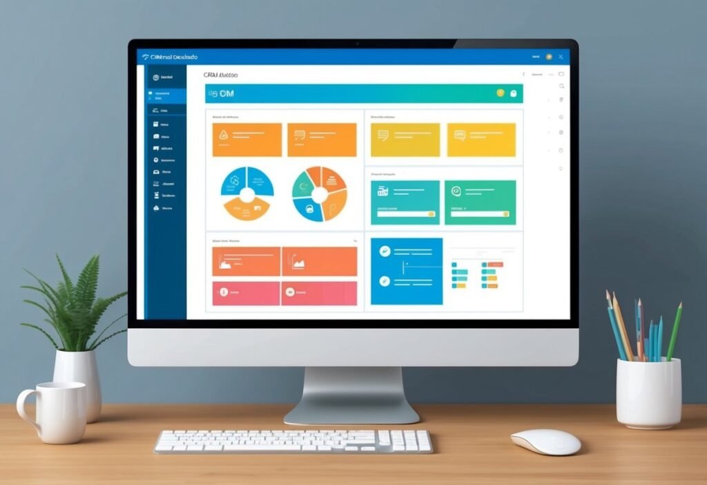 Monitor showing a CRM dashboard with colored cards and charts, representing CRM and follow-up automation tools