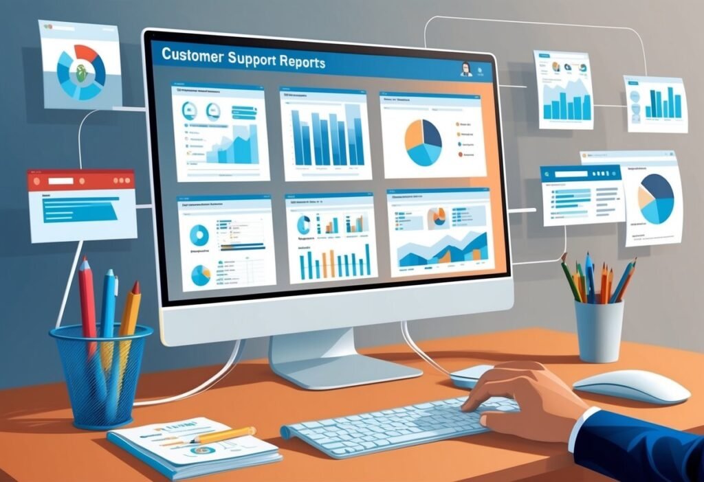 Monitor com painel de relatórios de suporte ao cliente, gráficos de barras e pizza, com mão no teclado