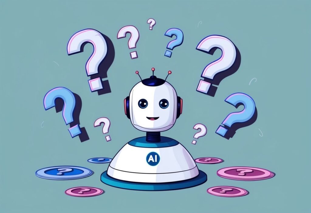 Robot with an AI badge surrounded by question marks, introducing common questions about AI in chatbots