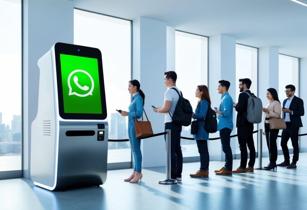 Kiosk with the WhatsApp logo and a line of people waiting in a bright lobby, illustrating self-service