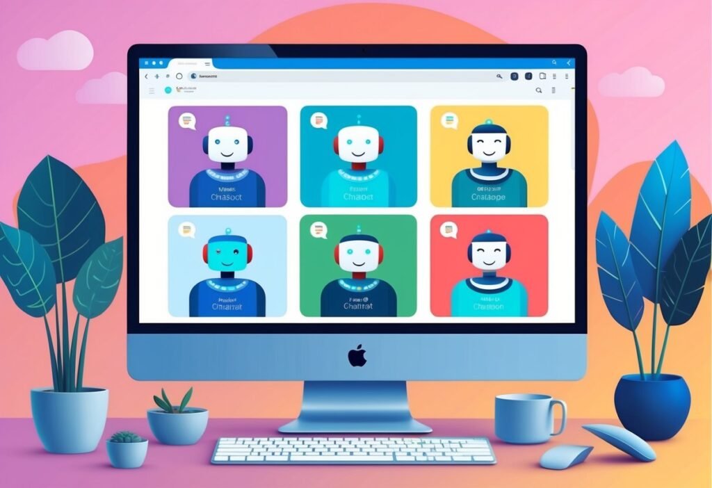 Monitor showing six robot avatars on colorful cards, illustrating natural language processing in chatbots