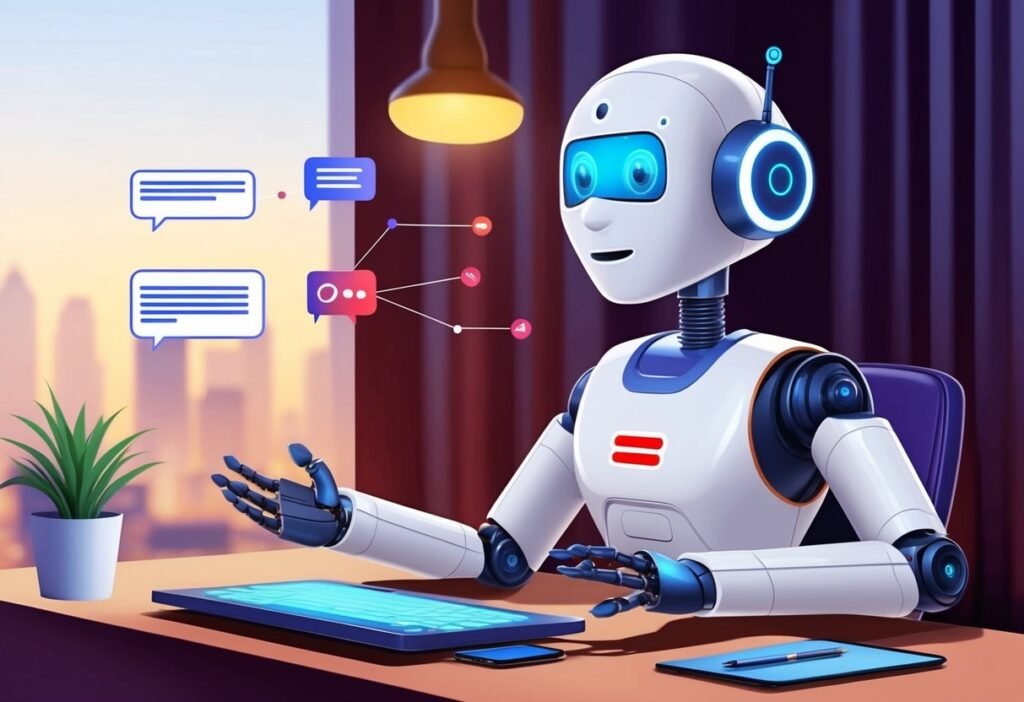 Robô com headset sentado à mesa com tablet e balões de conversa ao lado, representando chatbot no suporte ao cliente