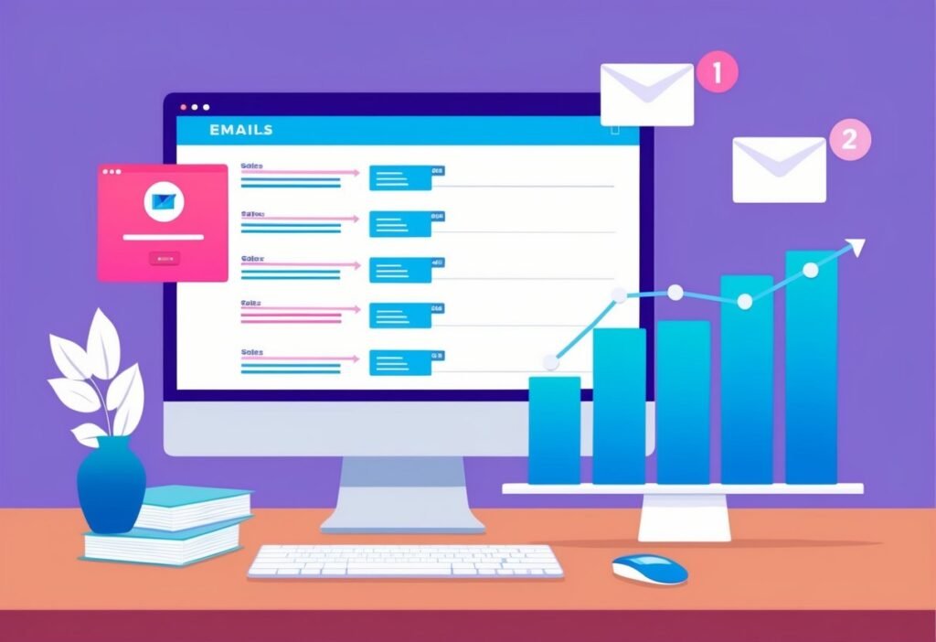 Monitor with a list of follow-up messages and a rising bar chart, illustrating automation best practices