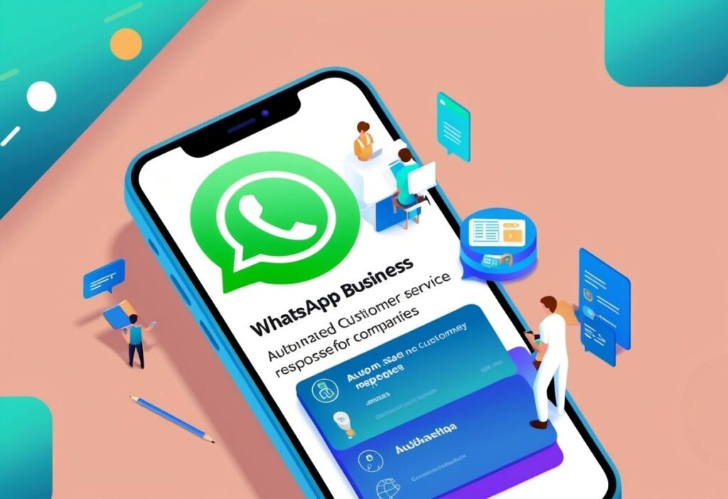 Smartphone with the WhatsApp Business logo and small people interacting with the screen, illustrating the official API