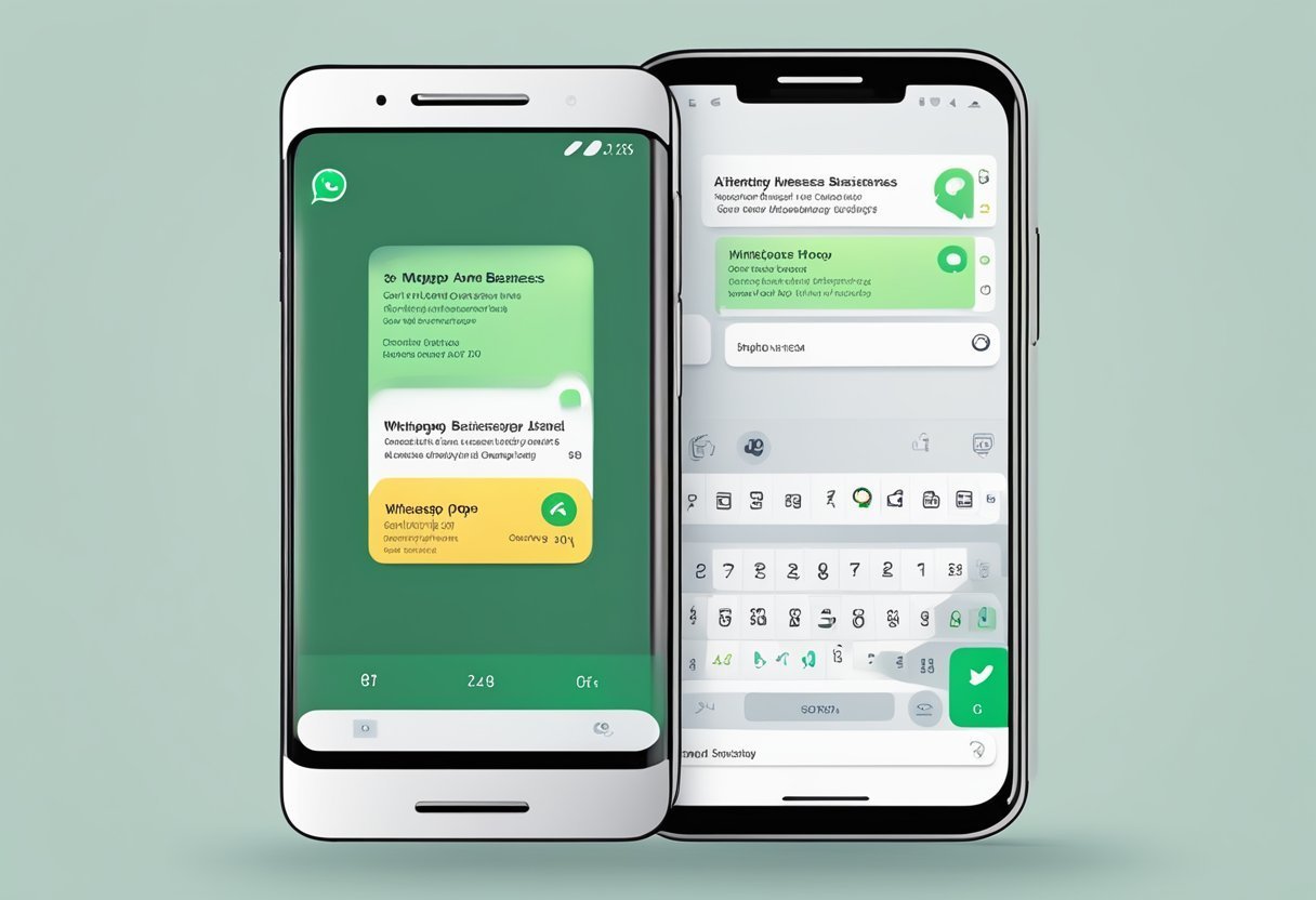 Dois smartphones exibindo conversas no WhatsApp Business com mensagens de atendimento empresarial