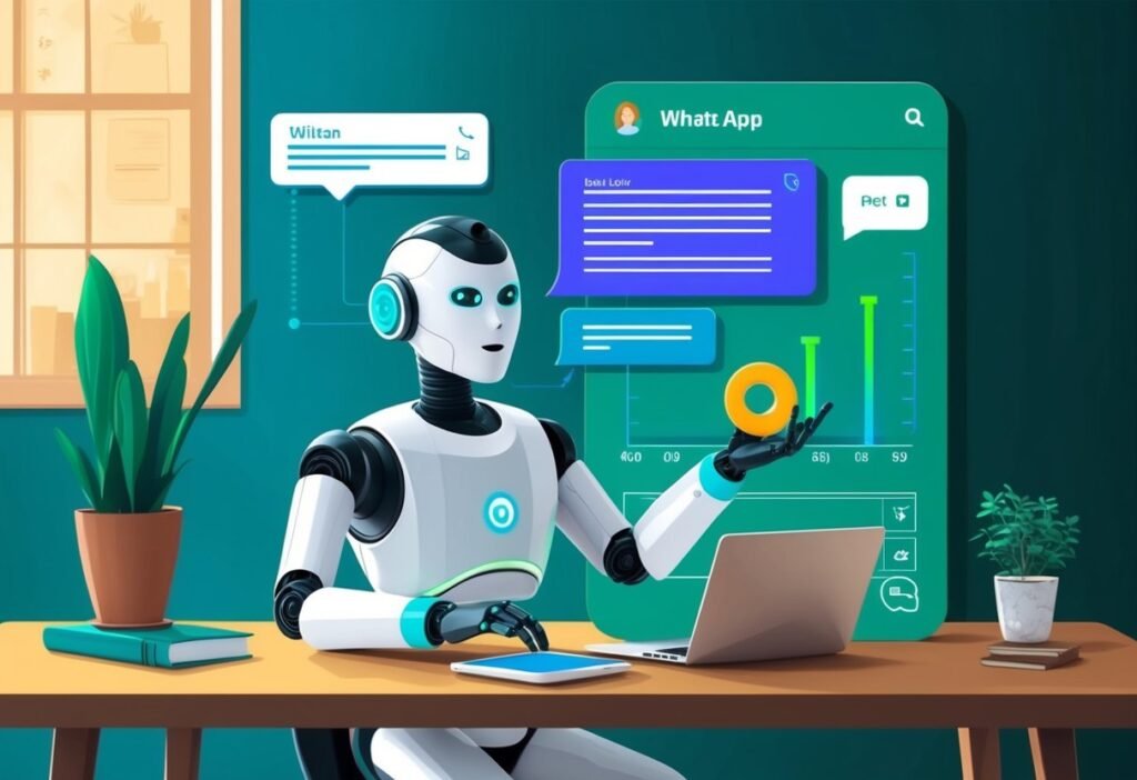 Robot sitting at a desk with a laptop in front of a dashboard with a chart and a WhatsApp chat, illustrating analytics and metrics