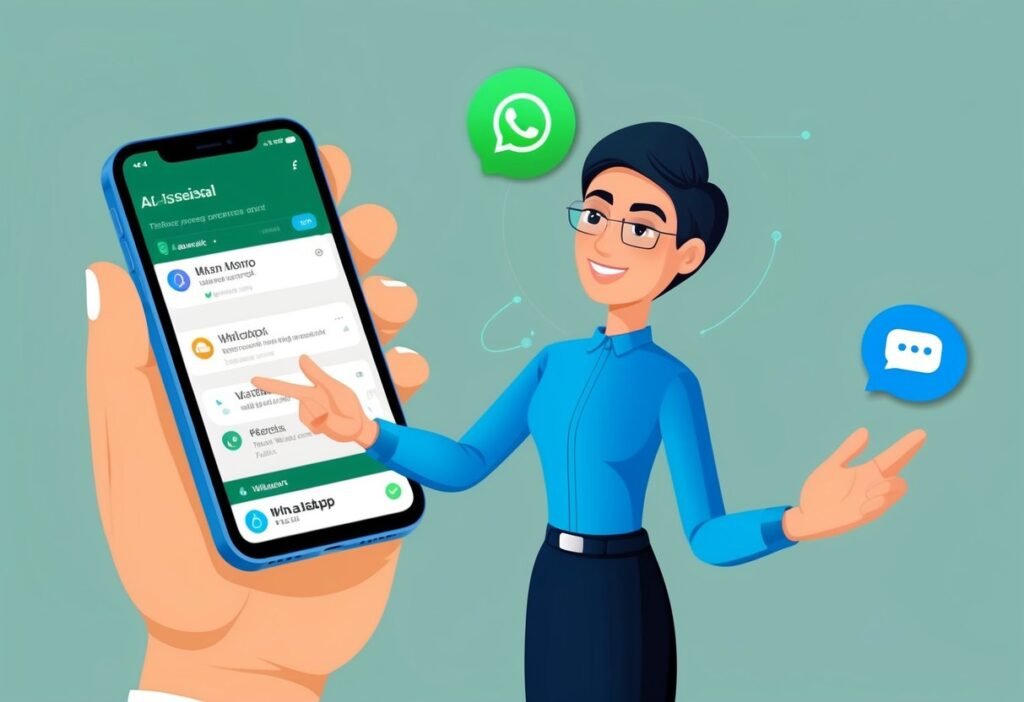 Professional pointing at a phone with a list of AI assistant options, with WhatsApp and chat icons