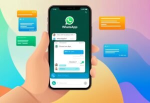 Mão segurando smartphone com conversa de chatbot no WhatsApp e balões de mensagem coloridos ao redor