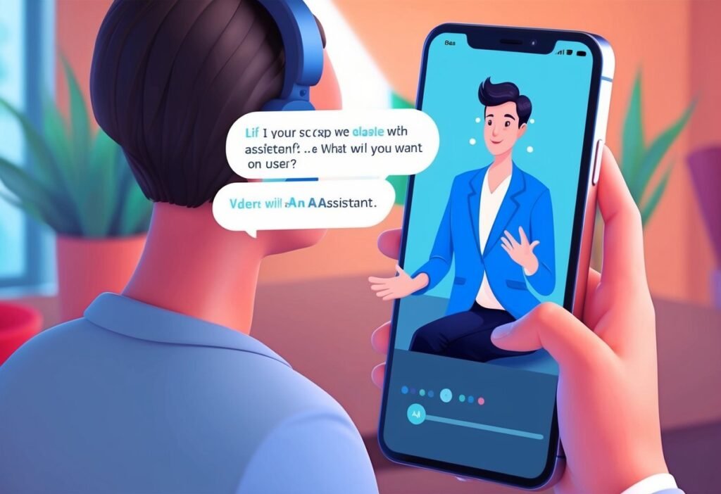 Person with headphones on a video call with a virtual assistant on a phone screen