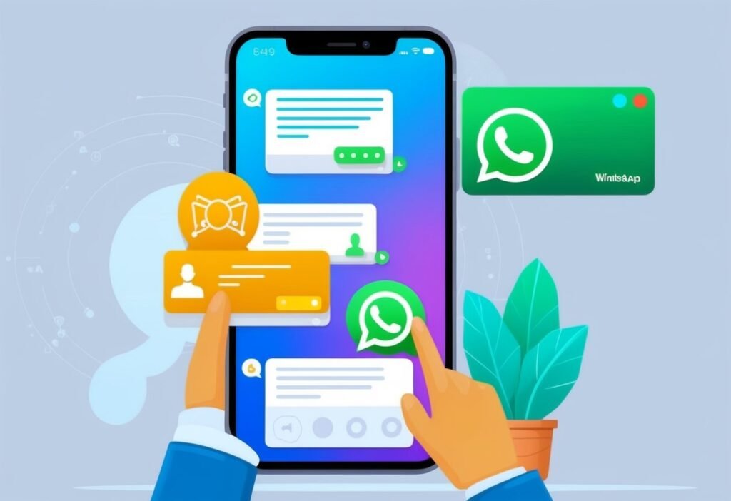 Hands interacting with a phone showing conversations and message cards, with a WhatsApp window beside it