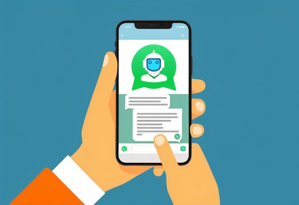 Hands holding a smartphone with a green robot avatar in a conversation, illustrating WhatsApp chatbot availability