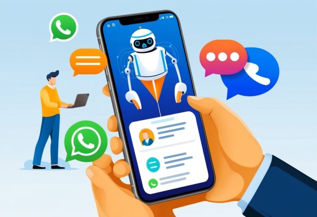 Hand holding a smartphone with a robot on screen and a person using a laptop, illustrating a WhatsApp chatbot for sales