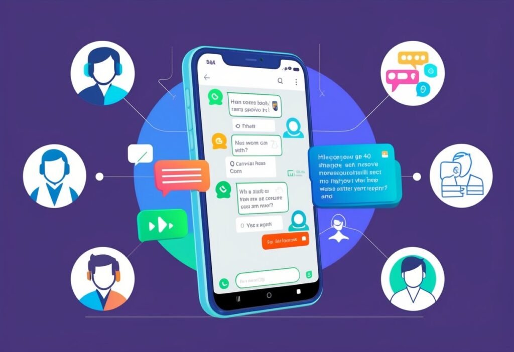 Smartphone with a chatbot conversation surrounded by support agent icons, illustrating user experience and support