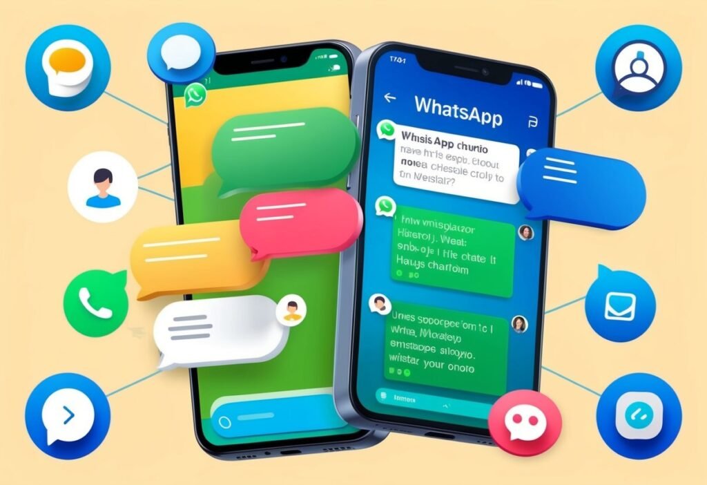 Two smartphones with a WhatsApp conversation surrounded by colorful chat bubbles, illustrating WhatsApp chatbot basics
