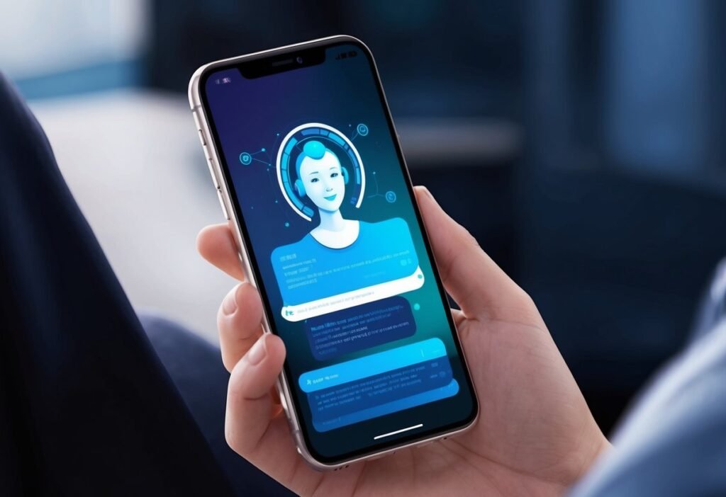 Hand holding a phone with a virtual assistant avatar and chat bubbles in shades of blue