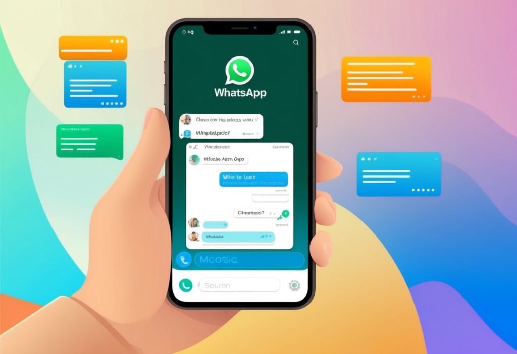 Um smartphone exibindo uma janela de chat com um chatbot no aplicativo WhatsApp