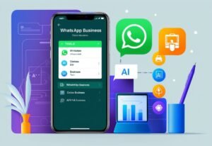 Um smartphone exibindo uma interface do WhatsApp Business com ferramentas de IA e ícones