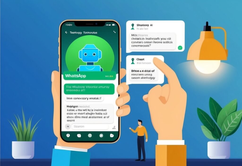 Hands holding a phone with a robot and a WhatsApp conversation, next to chat bubbles and a lamp