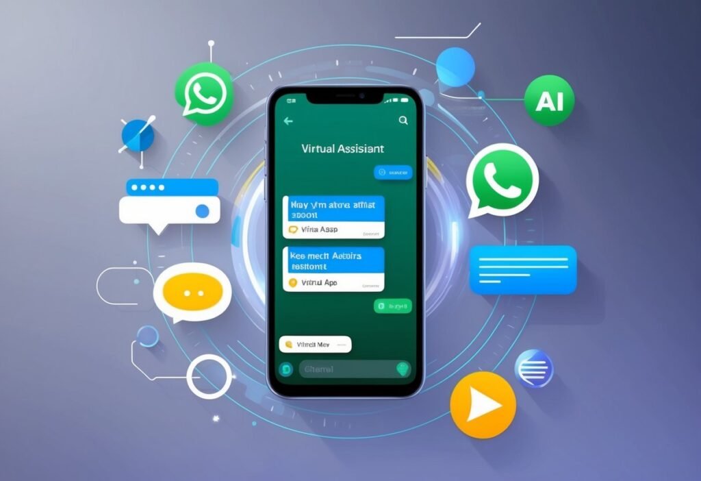 Phone with a virtual assistant chat surrounded by WhatsApp and AI icons and chat bubbles