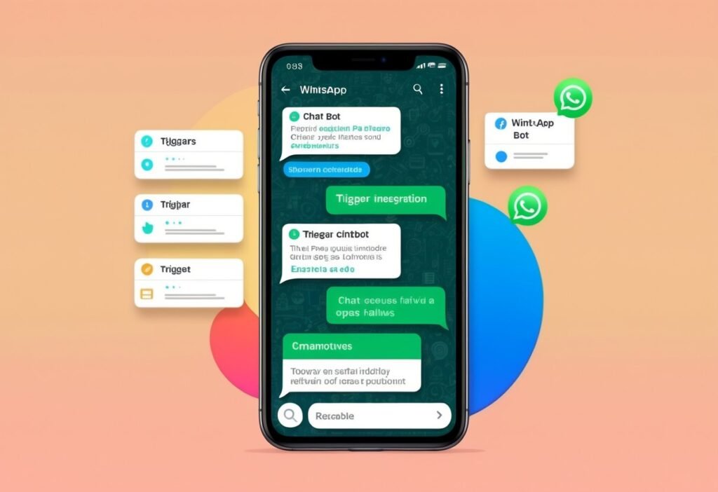 Smartphone with a WhatsApp conversation and trigger cards beside it, illustrating WhatsApp chatbot integrations