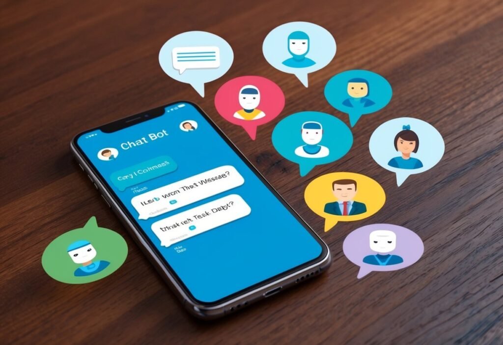 Smartphone on a wooden table with a chatbot conversation and bubbles with avatars, illustrating messages and templates