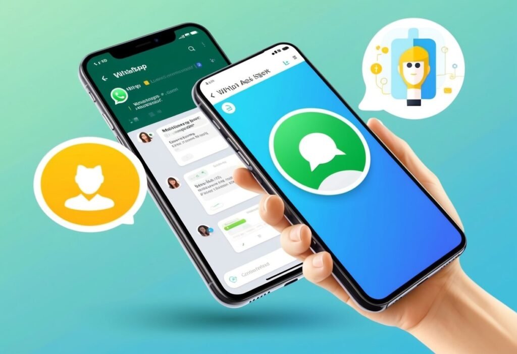 Hand holding a phone with a chat icon next to another device with a chat and avatars, illustrating an AI assistant