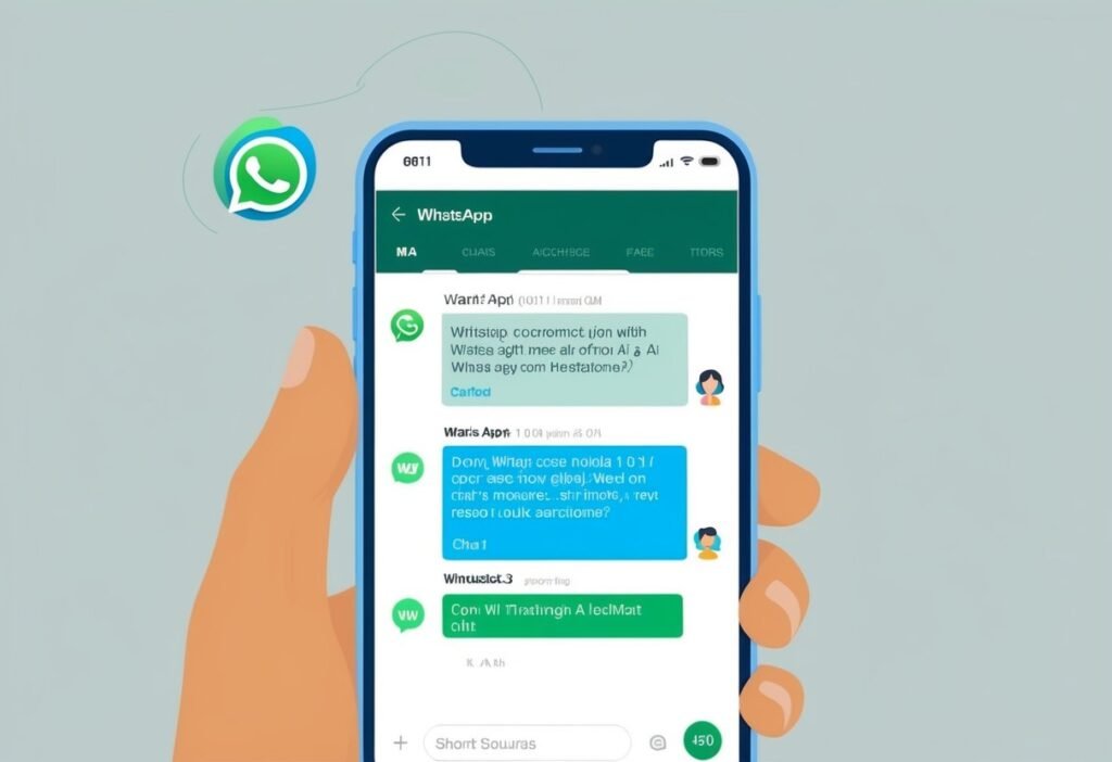 Hand holding a phone with an open WhatsApp conversation and replies from a virtual assistant