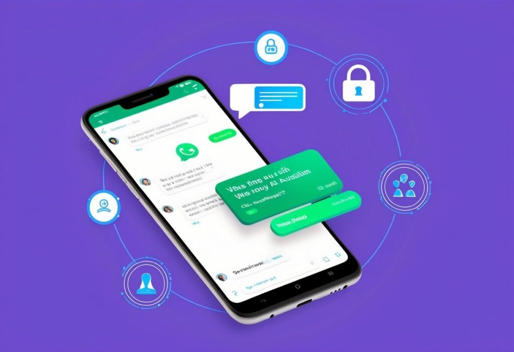 Smartphone with an open conversation surrounded by padlock and profile icons on a purple background, symbolizing AI privacy