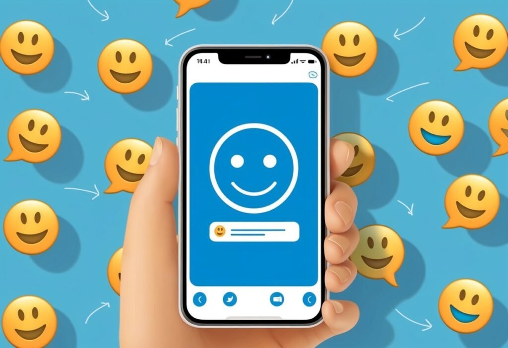 Hand holding a smartphone with a smiling face on screen and happy emojis around it, illustrating customer satisfaction