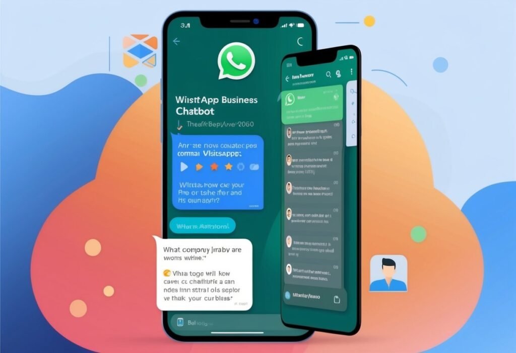 Two smartphones with a WhatsApp Business chatbot interface on a colorful background, illustrating business use