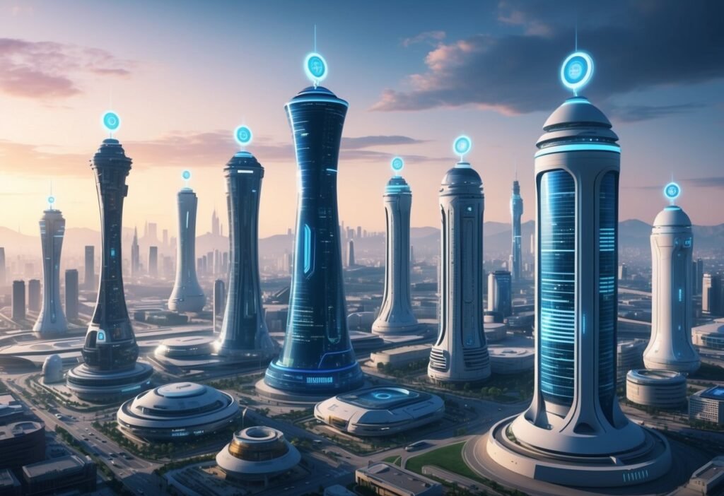 Futuristic city with tall towers and blue points of light, representing vertical AI agents across industries
