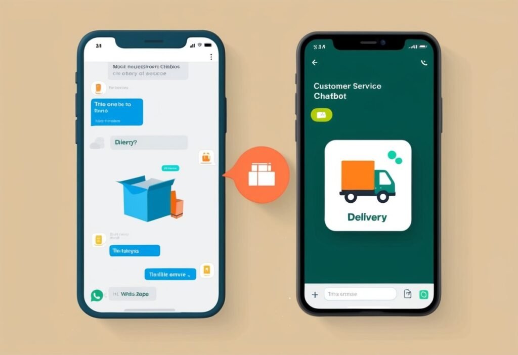 Two smartphones with a customer service chatbot and a delivery truck icon, illustrating delivery customer service