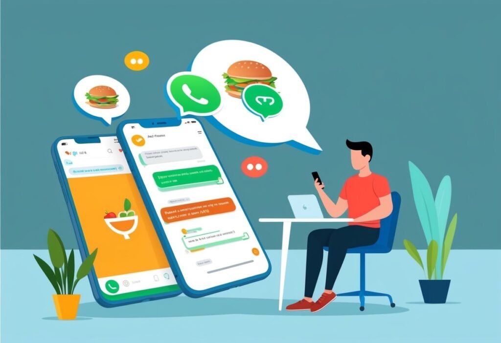 Man sitting and using a phone next to smartphones with food orders and the WhatsApp icon, illustrating feedback