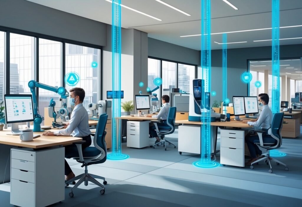 Modern office with professionals at computers and columns of blue light, illustrating AI automation