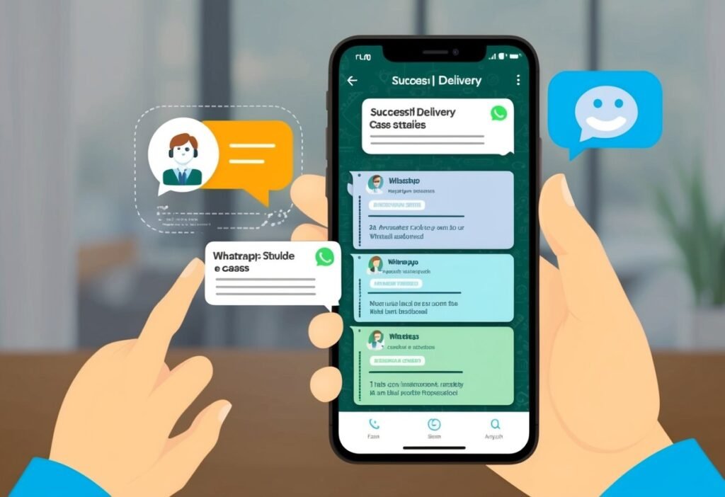Hands holding a smartphone with a WhatsApp delivery conversation and bubbles around it, illustrating success stories