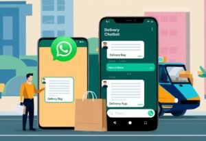 Smartphones com chatbot de delivery no WhatsApp, sacola de entrega e veículo de entregador ao fundo