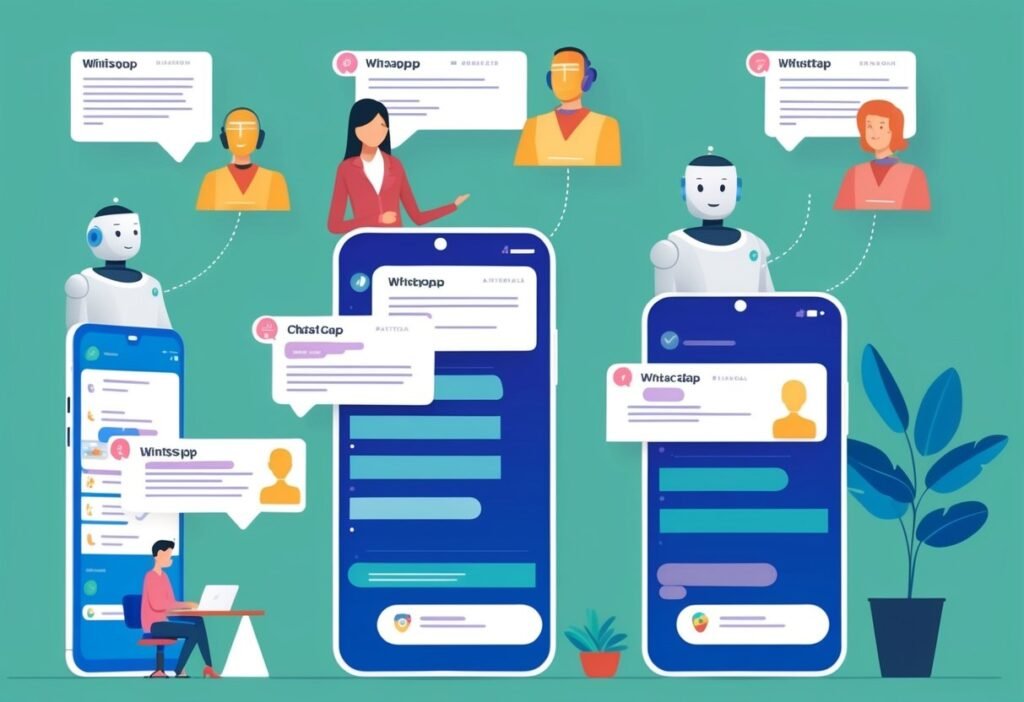 Phones with chat screens, robots, and agents with message bubbles, illustrating chatbots on WhatsApp