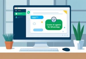 Monitor em mesa de escritório exibindo interface de chat com botão para criar agentes de IA para WhatsApp