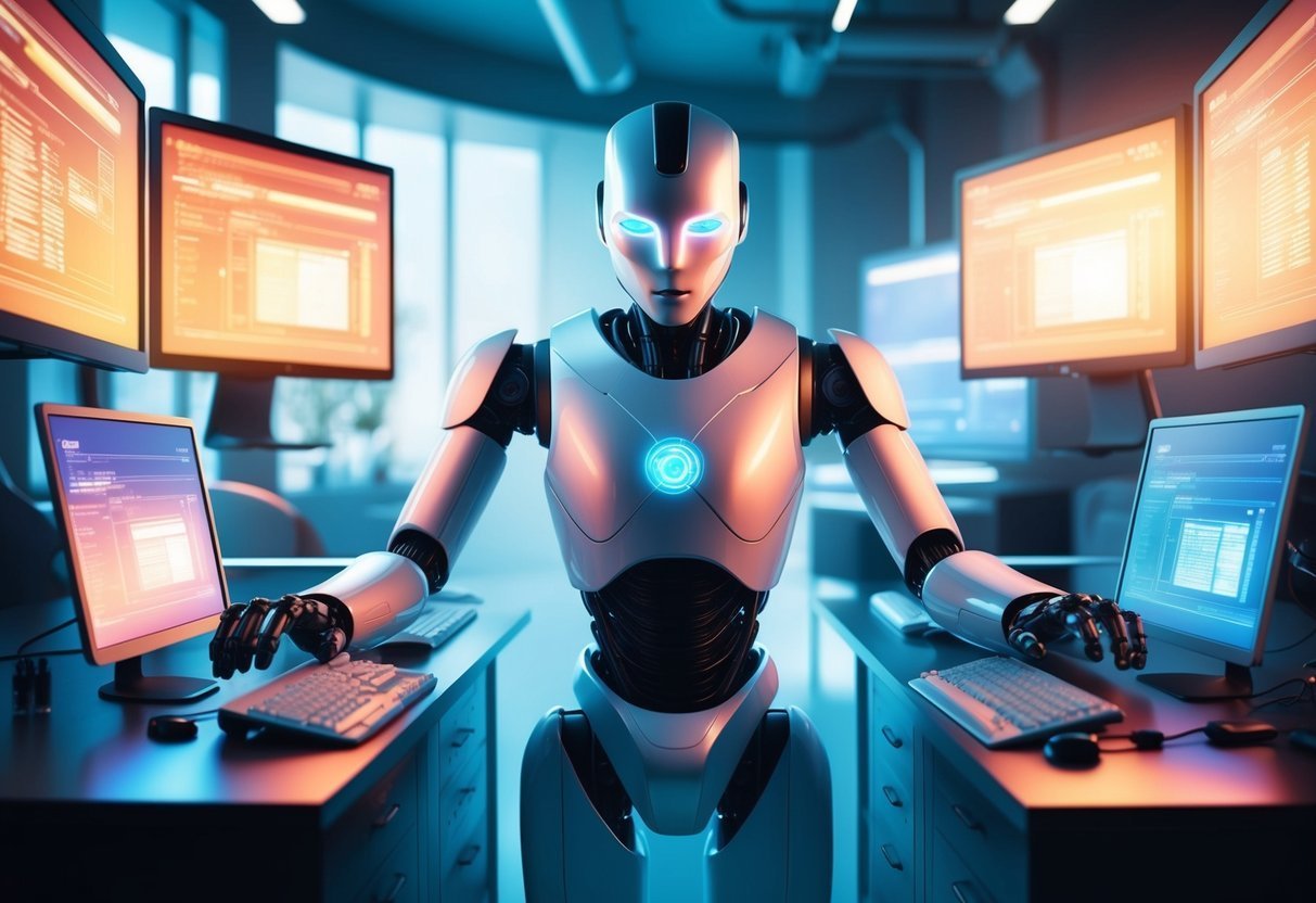 Robô humanoide diante de várias telas iluminadas em laboratório, ilustrando como criar um bom prompt de IA