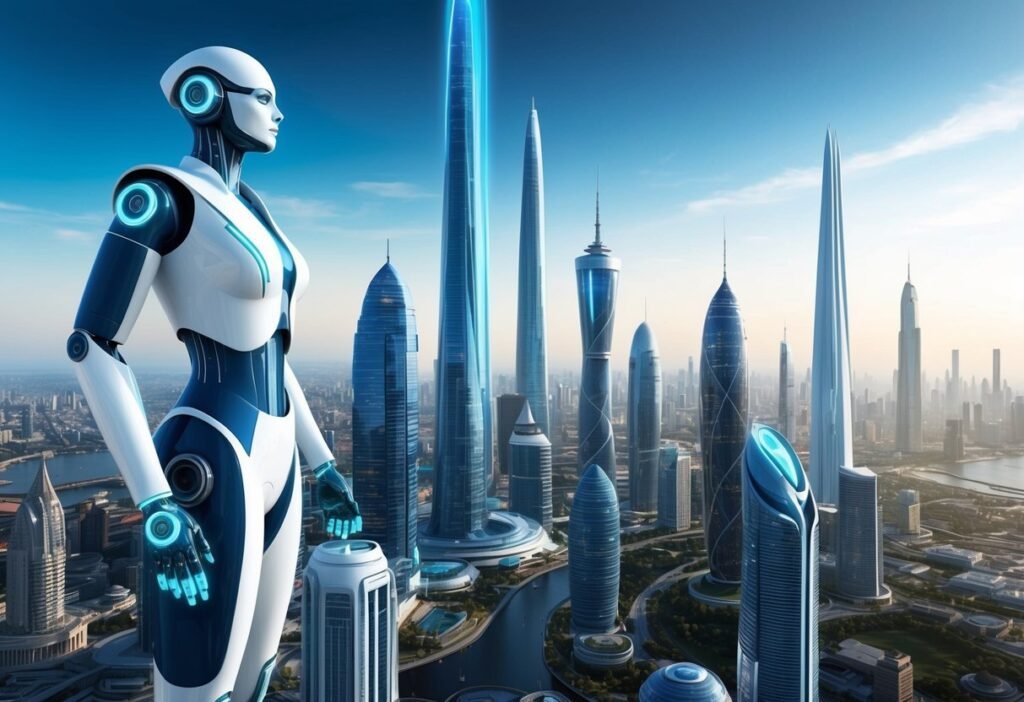 Humanoid robot in front of futuristic skyscrapers, representing the challenges of implementing vertical AI agents