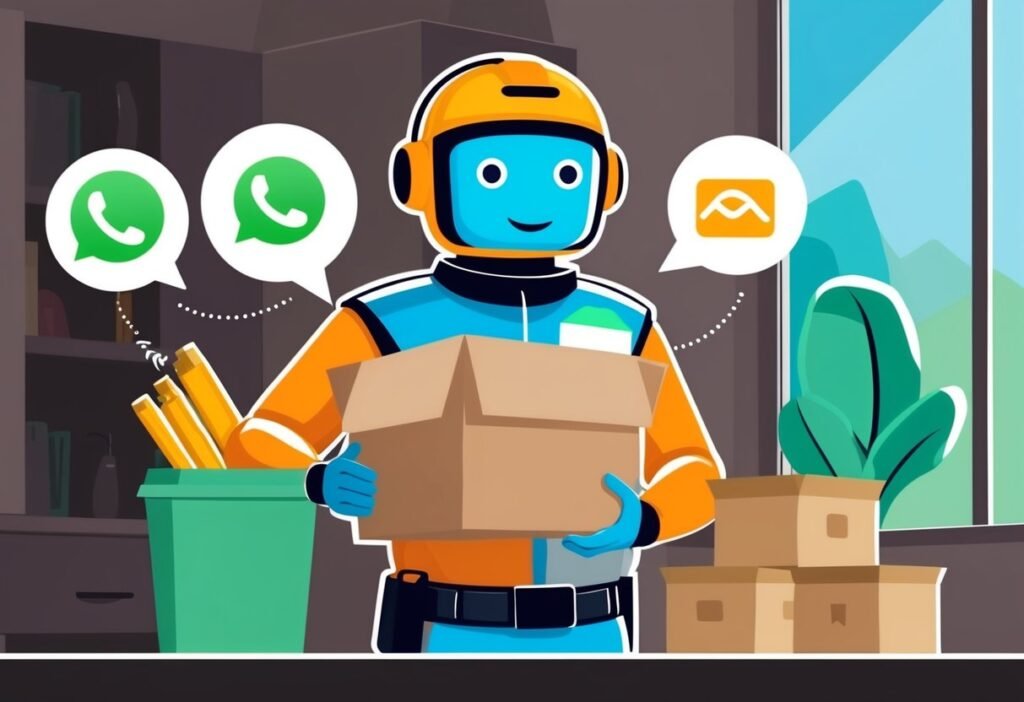 Delivery robot holding a box with WhatsApp icons around it, illustrating delivery chatbot challenges